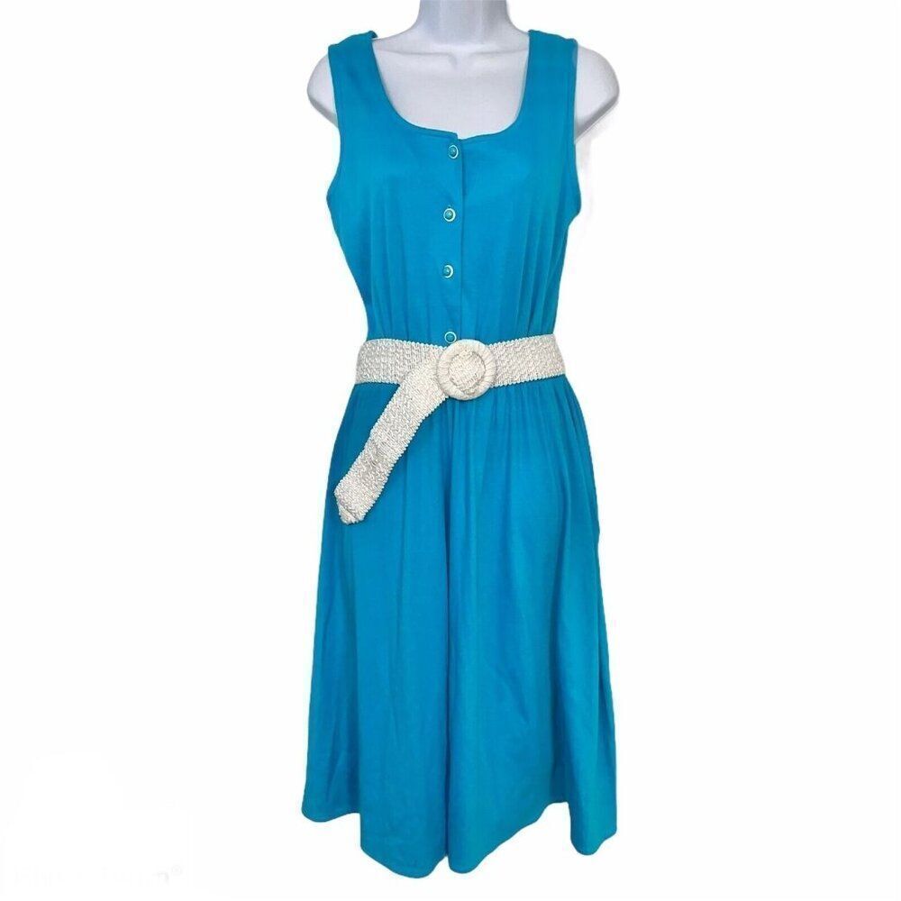 Vintage 80s Brenda Lewis Midi Dress Womens M Blue Sleeveless White Belt Knit